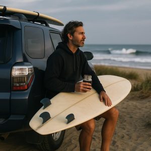 man with a surfboard next to a vehicle