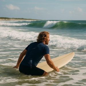 man paddling out into waves