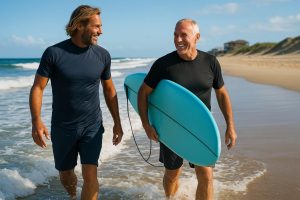 two men walking on the beach one has a surfboard